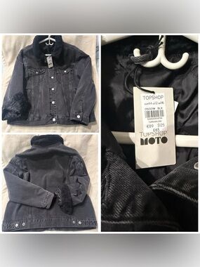 Topshop Faux Shearling Trim Denim Jacket, Black, Size 14. New with tags